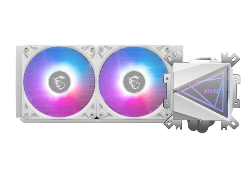 Фронтальный вид белого радиатора с двумя ARGB-вентиляторами и водоблока MSI MAG CoreLiquid I240 White