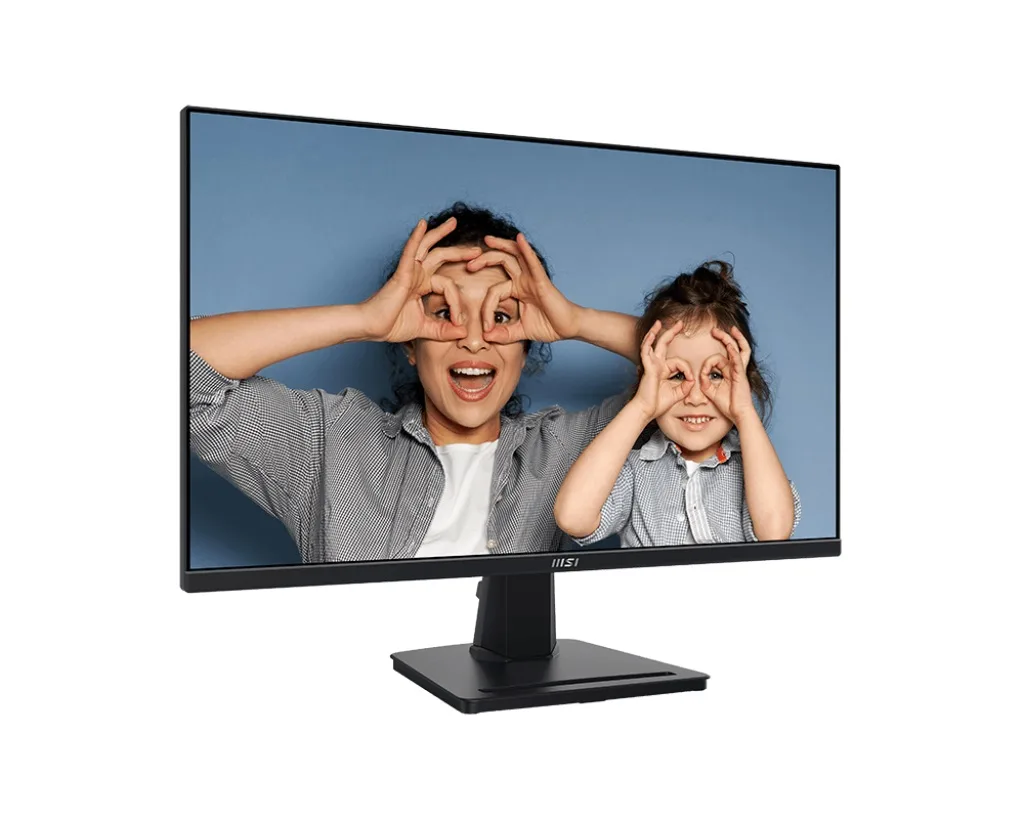 Монитор MSI Pro MP275Q с фотографией улыбающихся людей в ракурсе три четверти справа