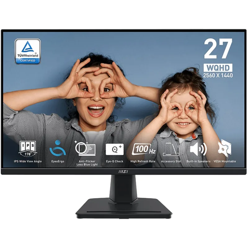 Монитор MSI Pro MP275Q на прямоугольной подставке с информационными пиктограммами