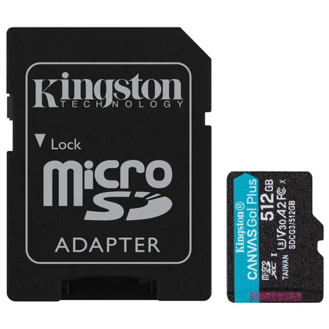Карта пам'яті Kingston Canvas Go! Plus microSDXC 512GB (UHS-I U3) W-90 MB/s, R-170 MB/s Class 10 A2 V30 (SDCG3/512GB) + SD Adapter