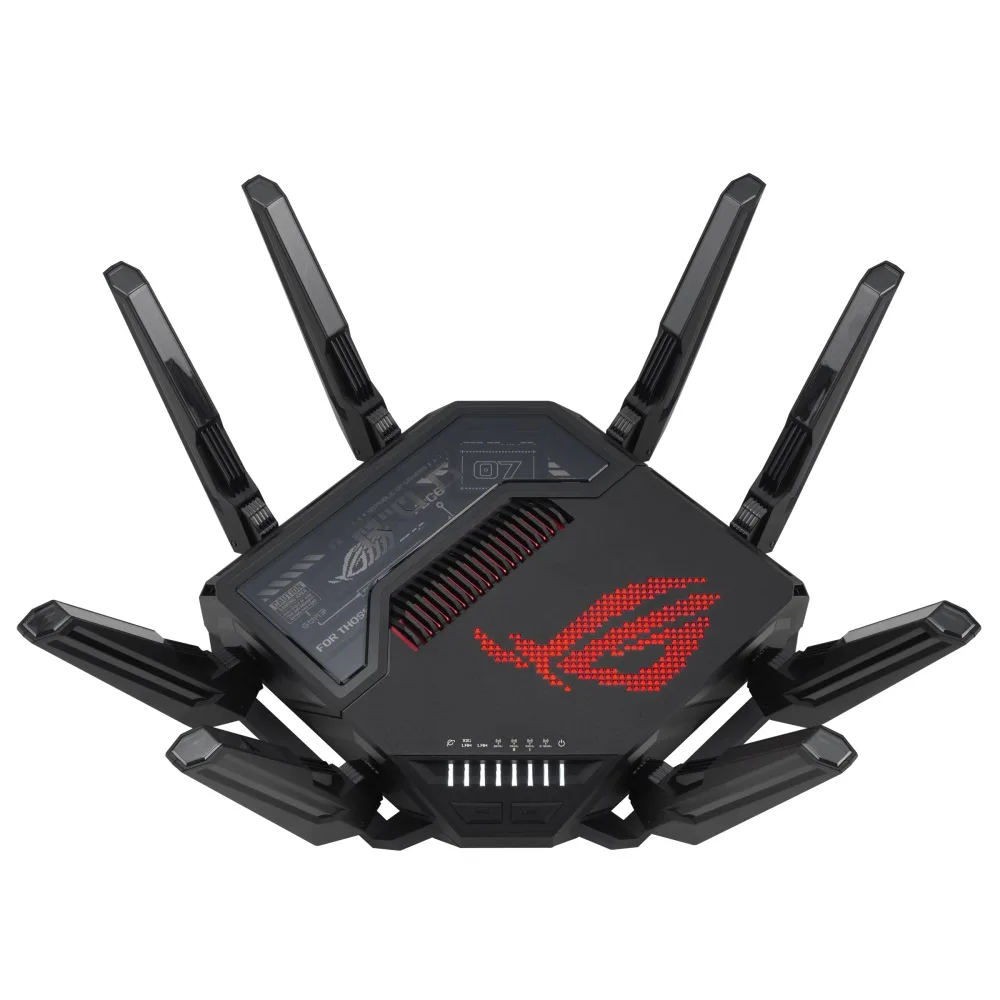 Маршрутизатор Asus ROG Rapture GT-BE98 со светодиодными индикаторами спереди