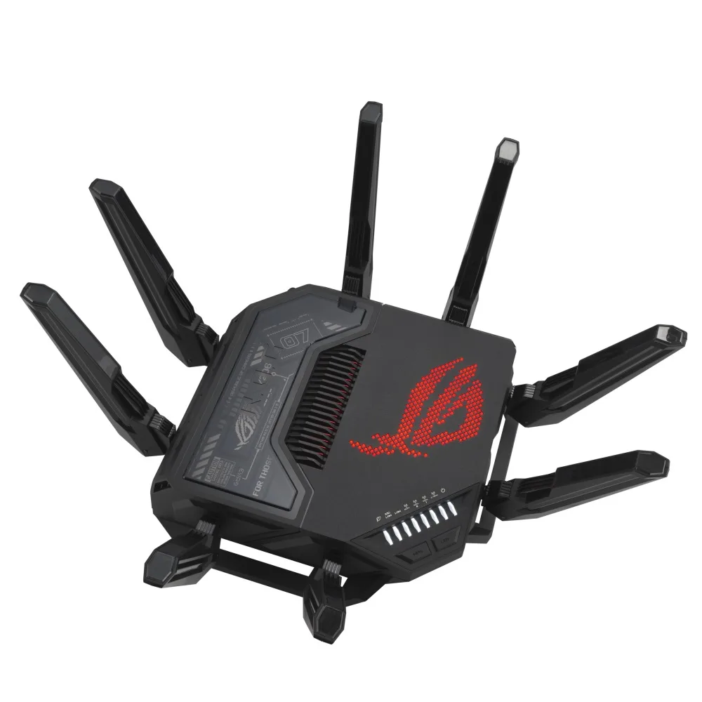 Маршрутизатор Asus ROG Rapture GT-BE98 с красным логотипом, ракурс сверху справа