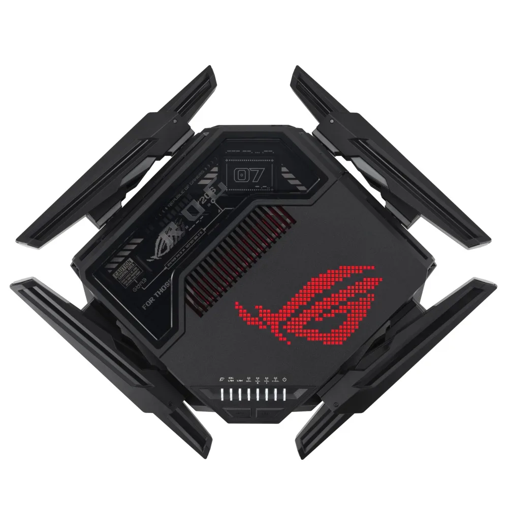 Маршрутизатор Asus ROG Rapture GT-BE98 со сложенными антеннами, вид сверху