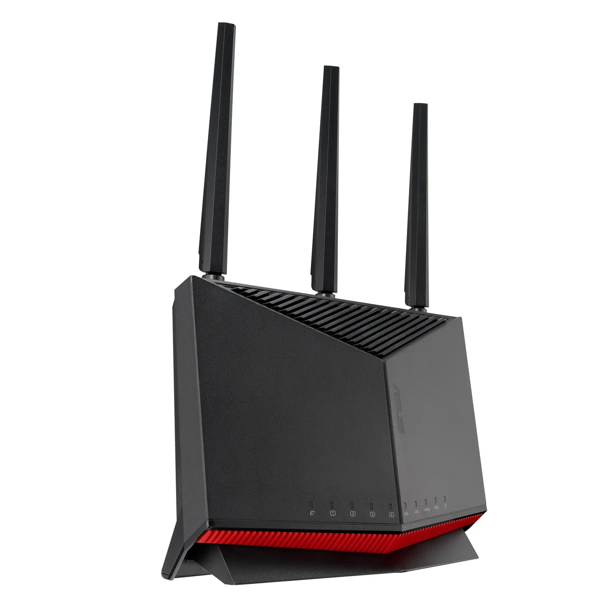 Маршрутизатор Asus RT-BE86U черного цвета, вид вполоборота слева