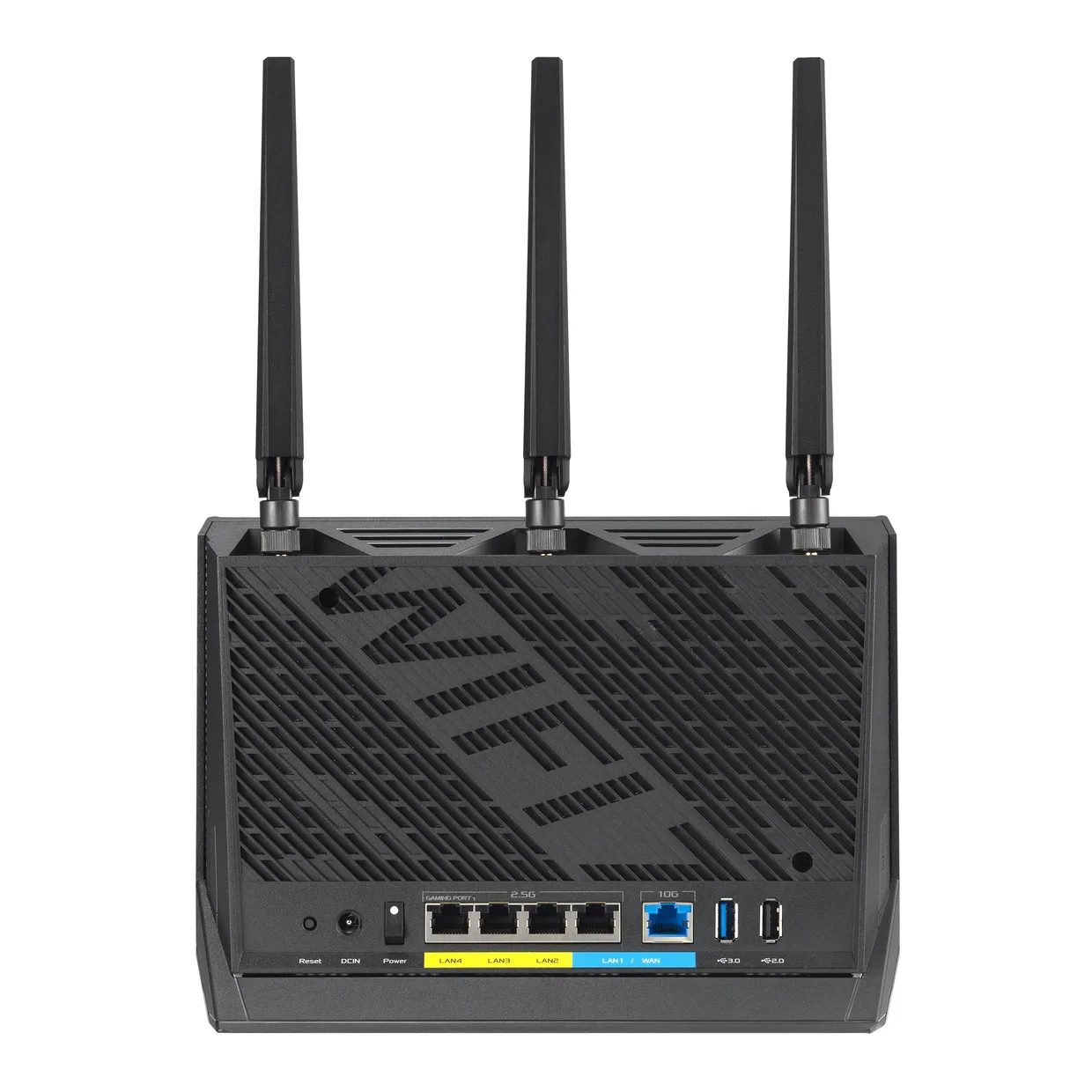 Задняя панель маршрутизатора Asus RT-BE86U черного цвета с портами подключения и тремя антеннами