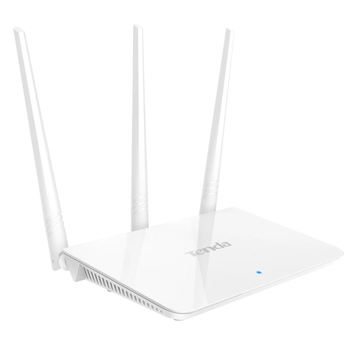 Маршрутизатор Wi-Fi Tenda F3 білого кольору з трьома антенами, ракурс зліва