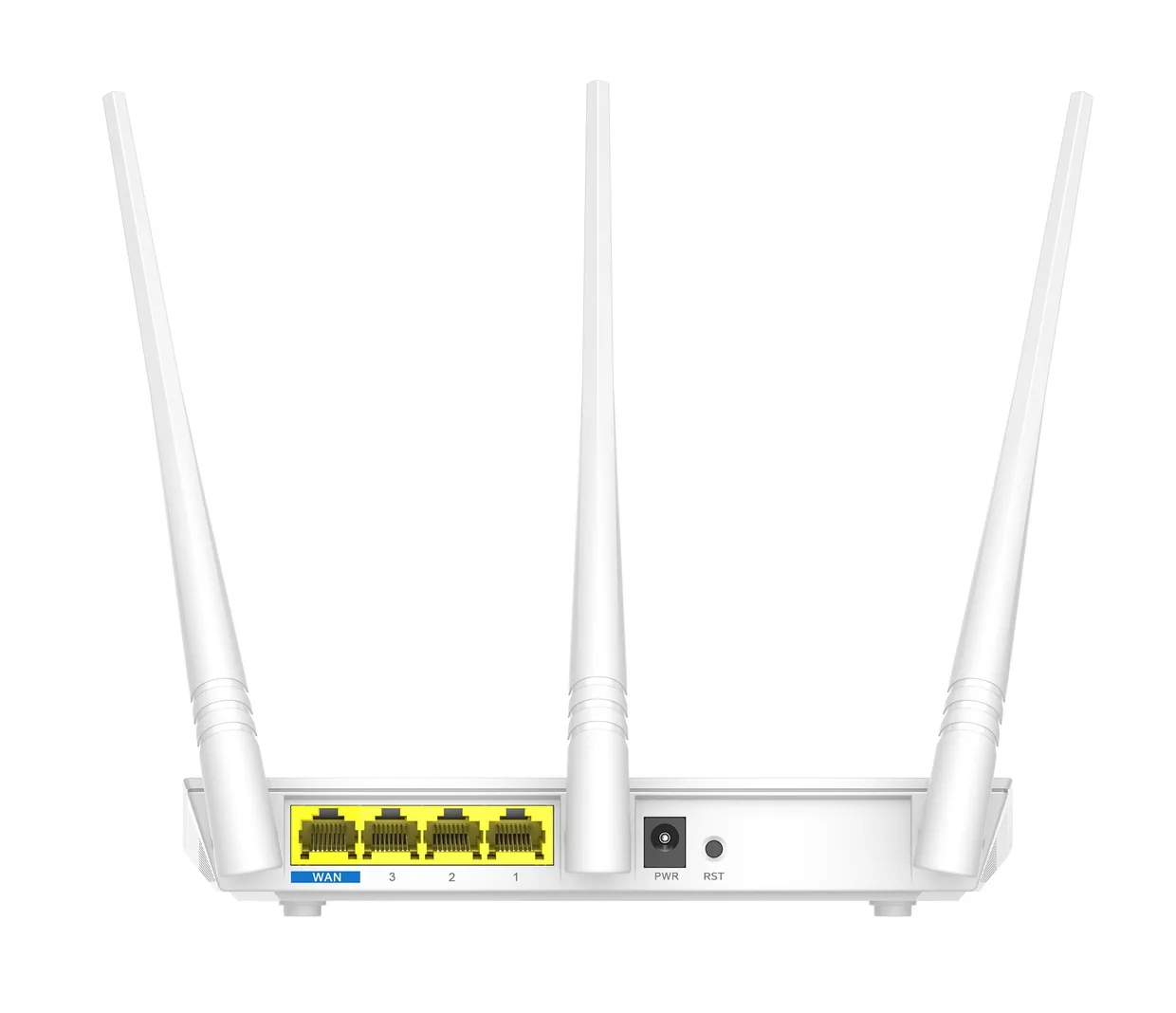 Задня сторона маршрутизатора Tenda F3 білого кольору з чотирма портами Ethernet