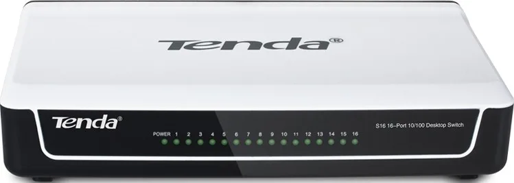 Комутатор Tenda S16 у біло-чорному корпусі зі світлодіодними індикаторами