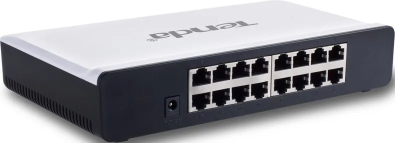 Комутатор Tenda S16 з 16 портами RJ45 та гніздом живлення на задній панелі