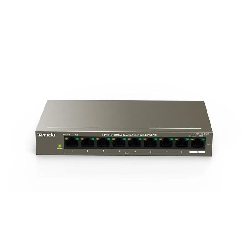 Комутатор Tenda TEF1109P-8-63W у металевому корпусі з 8 портами PoE