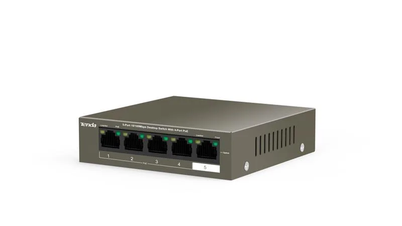 Комутатор Tenda TEF1105P-4-38W у металевому корпусі під кутом
