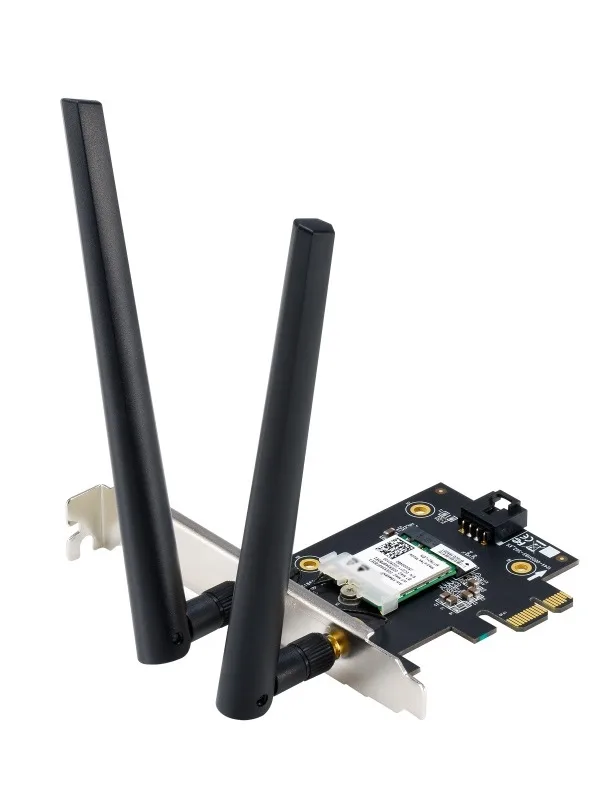 Беспроводной WiFi-адаптер Asus PCE-AXE5400 с двумя черными антеннами и разъемом PCI Express