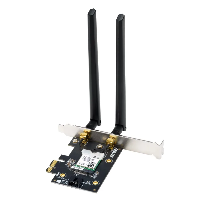 Вид сзади печатной платы WiFi-адаптера Asus PCE-AXE5400 с двумя вертикальными антеннами
