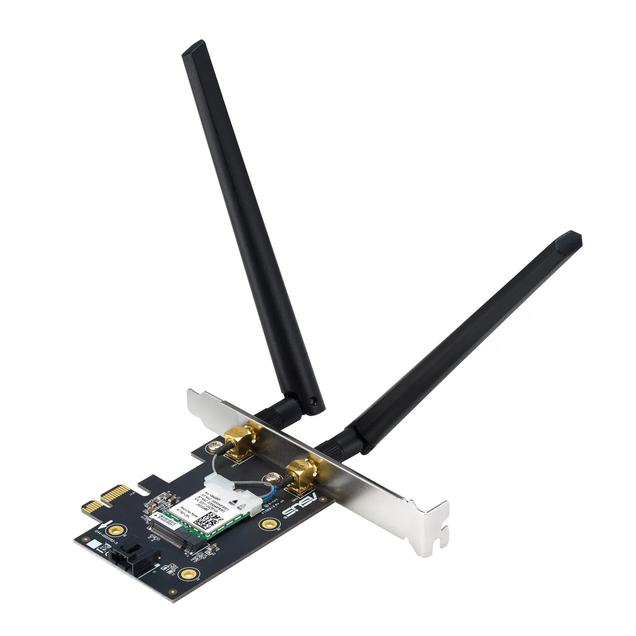 Адаптер связи Asus PCE-BE6500 с разведенными в стороны антеннами и разъемом PCI-E