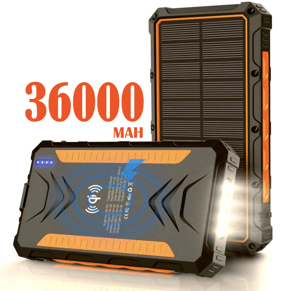 Павер банк на солнечной батарее Qi и фонариком 36000 mAh orange