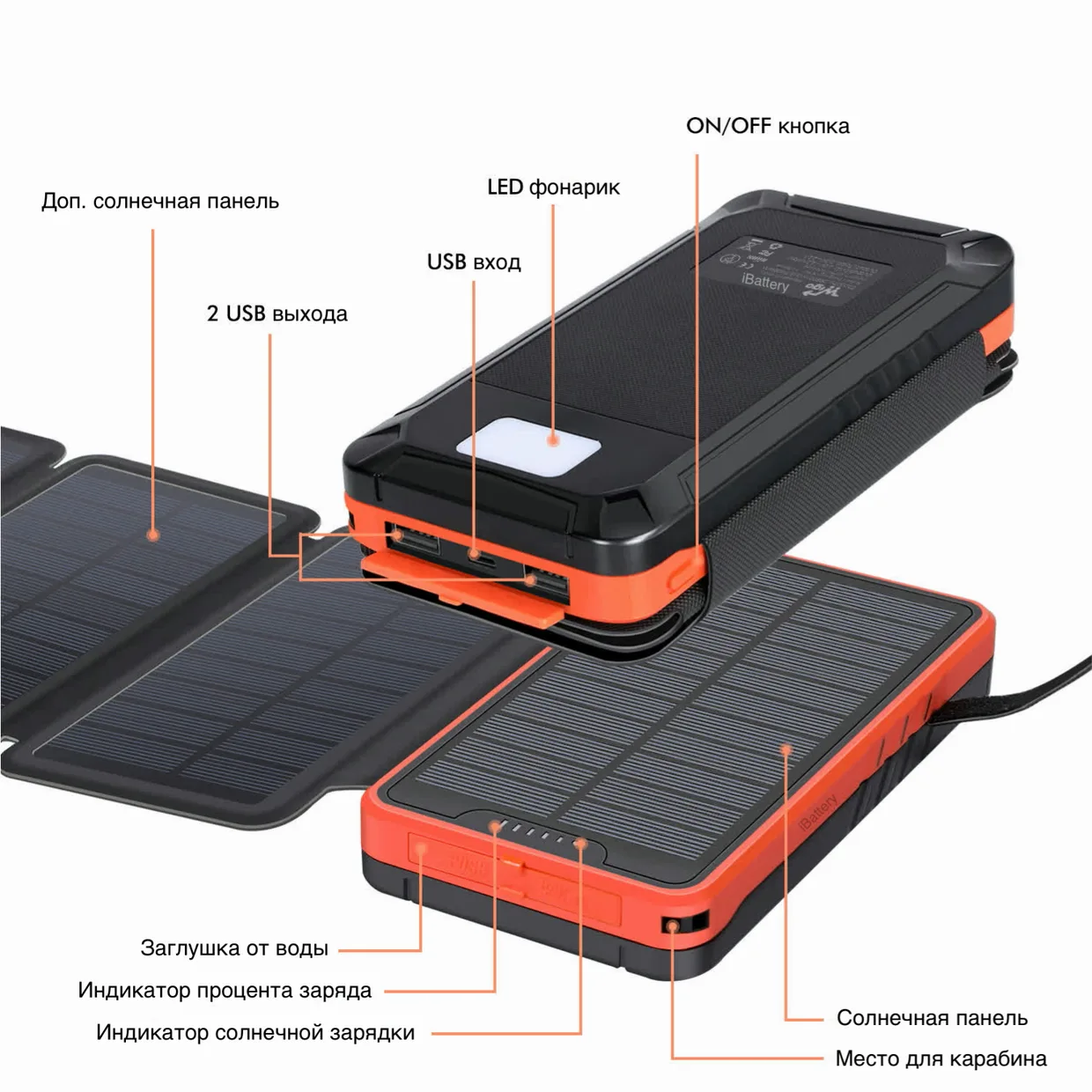 Солнечный PowerBank iBattery YD-820S с дополнительными панелями и фонариком 26800 mAh orange — фото 7
