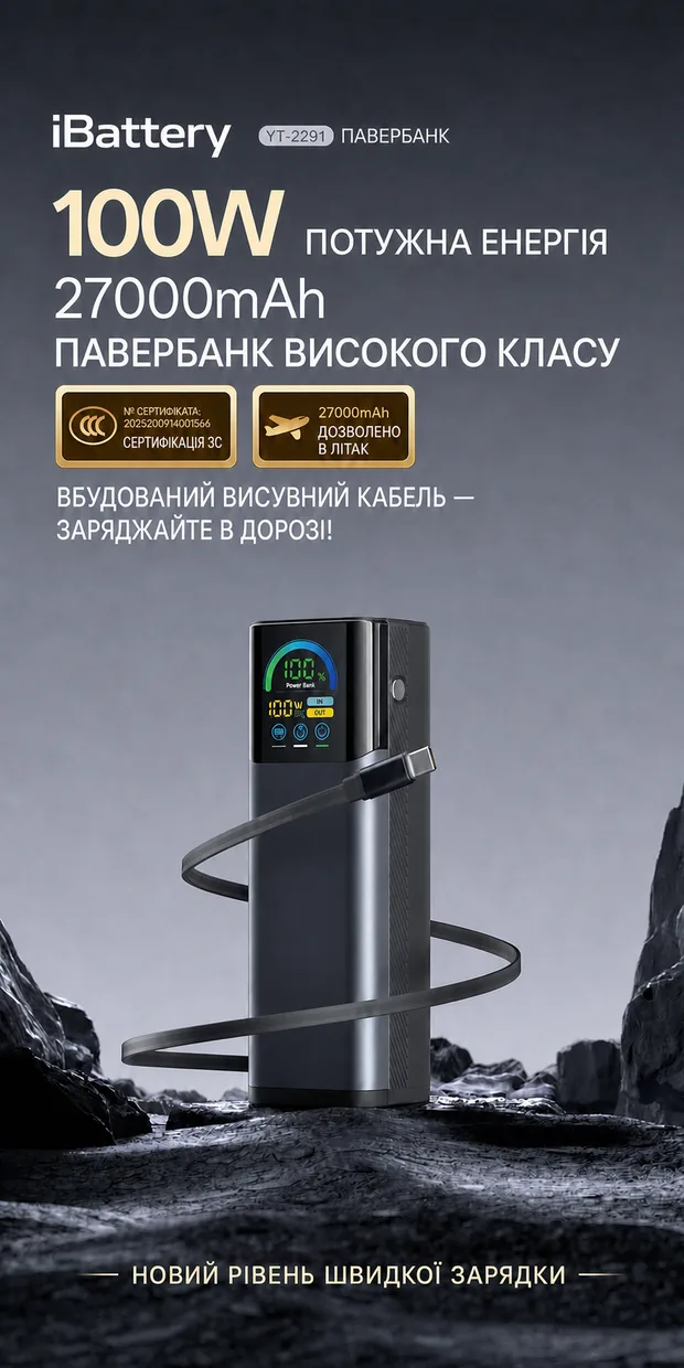 Powerbank iBattery YT-2291 27000mAh 145W Grey — фото 3