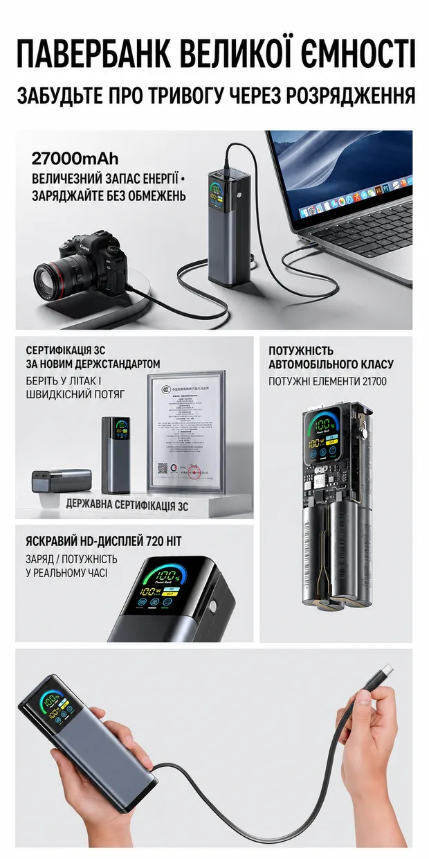 Powerbank iBattery YT-2291 27000mAh 145W Grey — фото 4