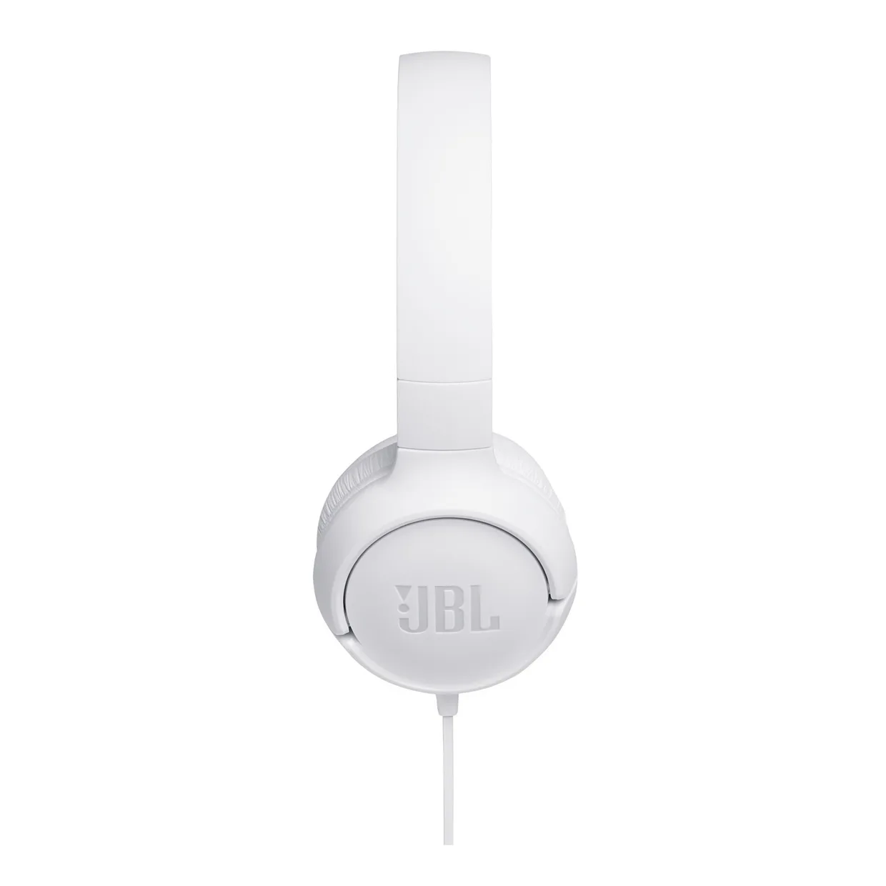 Наушники JBL T500 белые, вид сбоку на чашку с логотипом JBL и кабелем