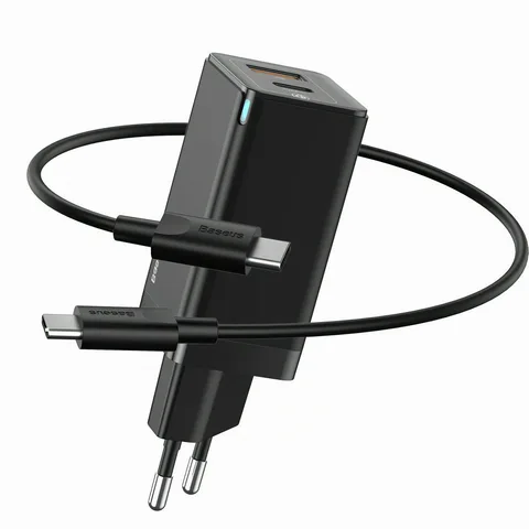 Мережевий зарядний пристрій Baseus GaN2 Quick Charger 1USB + Type-C 45W з кабелем Type-C to Type-C (CCGAN-Q01) Black