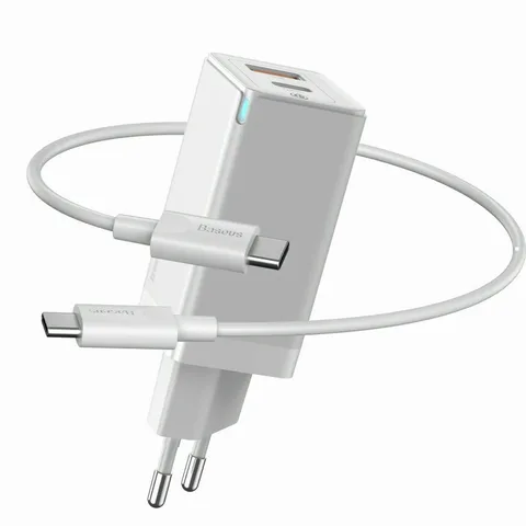 Мережевий зарядний пристрій Baseus GaN2 Quick Charger 1USB + Type-C 45W з кабелем Type-C to Type-C (CCGAN-Q02) White