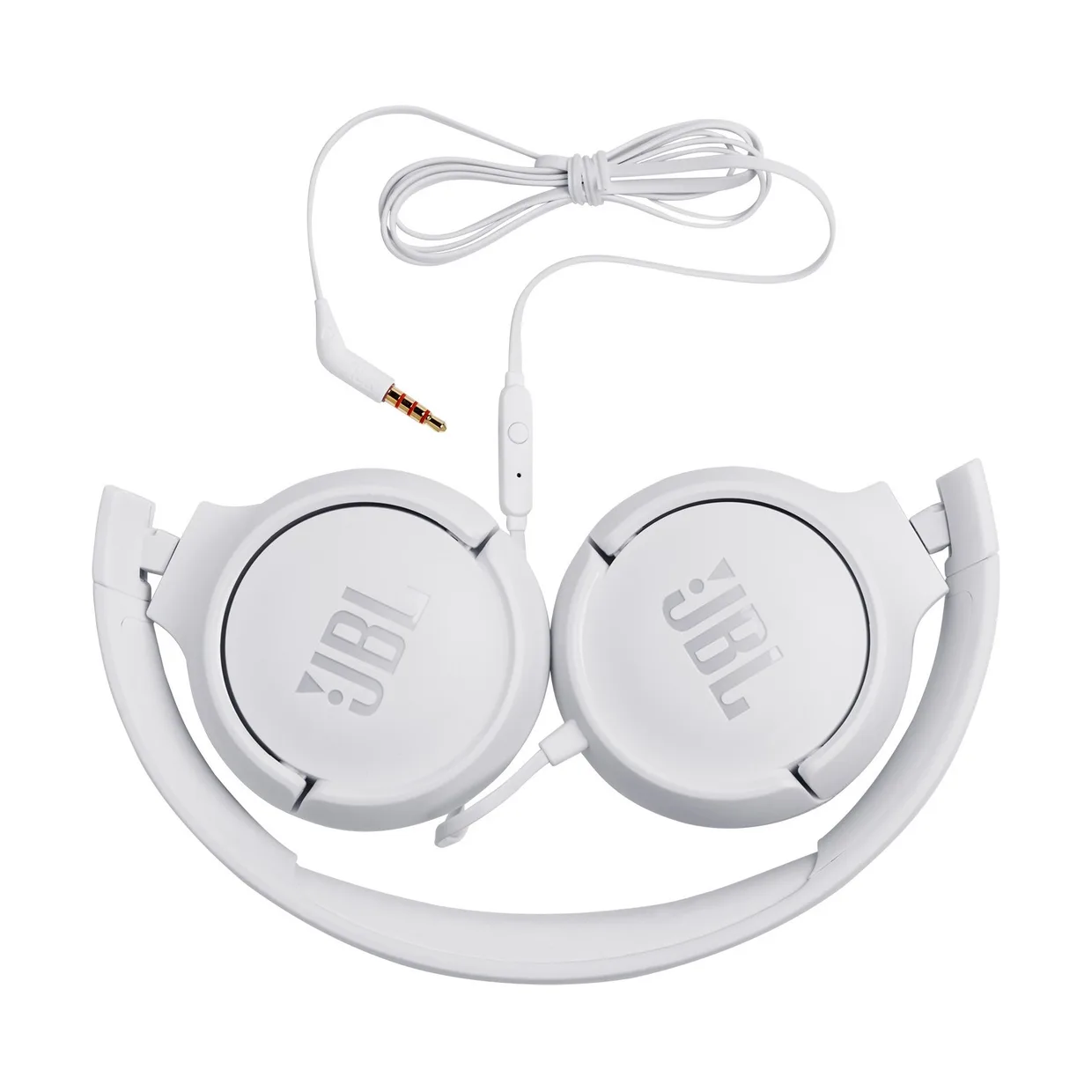 Наушники JBL T500 белые в сложенном виде с кабелем, пультом с микрофоном и штекером 3,5 мм