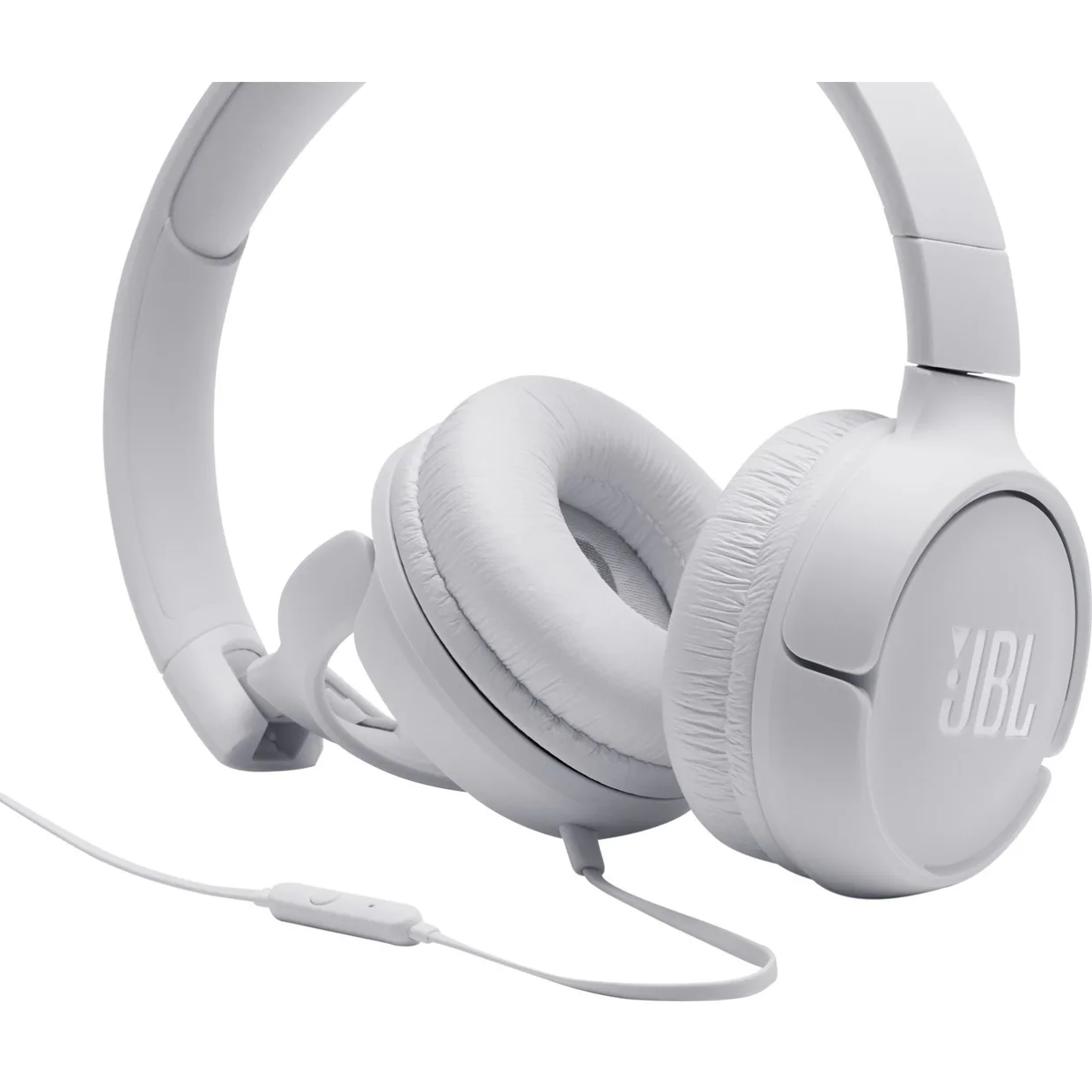 Наушники JBL T500 белые, мягкие амбушюры и плоский кабель с пультом крупным планом