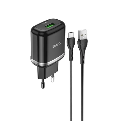 Мережевий зарядний пристрій Hoco N3 Special single port QC3.0 charger set (with Type-C cable) Black