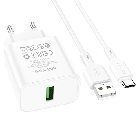 Мережевий зарядний пристрій Borofone BA72ACW Spring single port QC3.0 charger set (Type-C) White