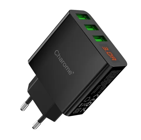 Сетевое зарядное устройство Charome 6974324910205 C12 3-Port Digital Display Fast Charger Black