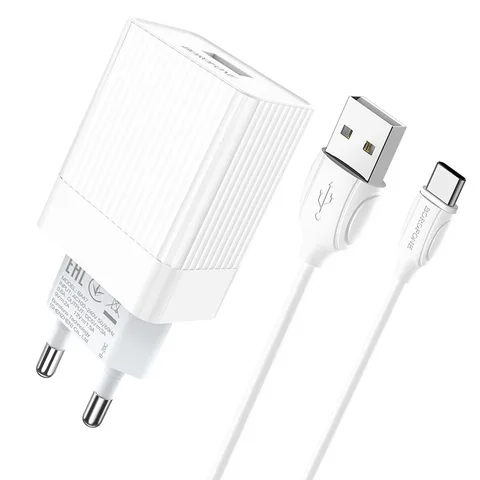 Мережевий зарядний пристрій Borofone BA47ACW Mighty speed single port QC3.0 3A + Type-C cable White