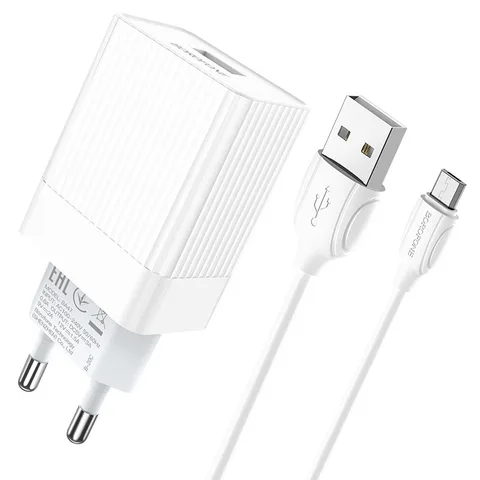 Мережевий зарядний пристрій Borofone BA47AMW Mighty speed single port QC3.0 3A + Micro-USB cable White