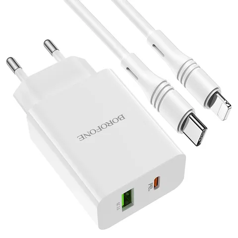 Мережевий зарядний пристрій Borofone BA56ACLW Lavida PD20W+QC3.0 charger (Type-C to Lightning) White
