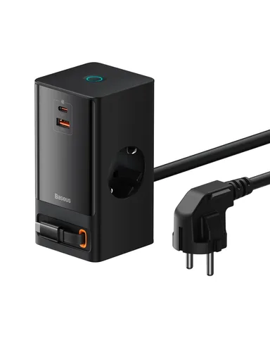 Мережевий зарядний пристрій Baseus PowerCombo Digital PowerStrip 2AC+1U+1C+Retractable-C 65W with 1.5m power cord EU (PSLR000301) Black