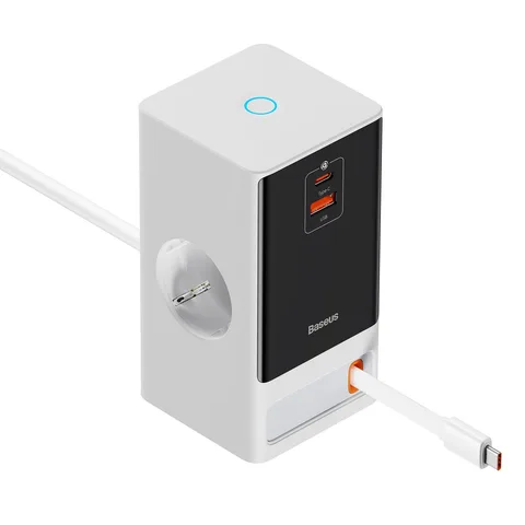 Мережевий зарядний пристрій Baseus PowerCombo Digital PowerStrip 2AC+1U+1C+Retractable-C 65W Smart Version with 1.5m power cord EU (PSLR000602) Glacier White