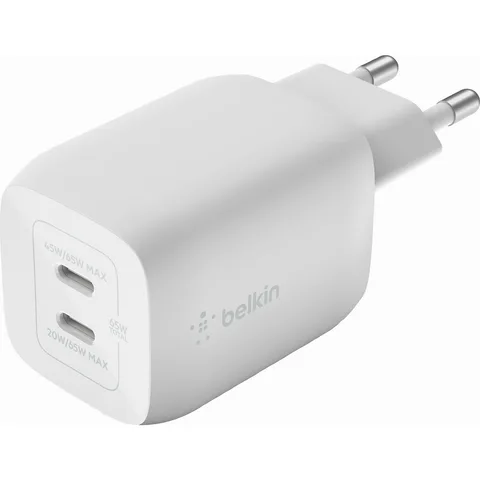 Мережевий зарядний пристрій Belkin BoostCharge Pro 2xUSB-C 65W GaN PD PPS (WCH013VFWH) White