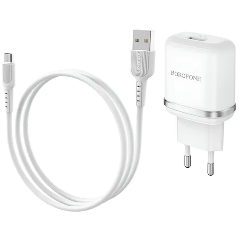 Мережевий зарядний пристрій Borofone BA36A High speed Single Port QC3.0 + кабель USB Type-A to MicroUSB 1m (BA36AMW) White