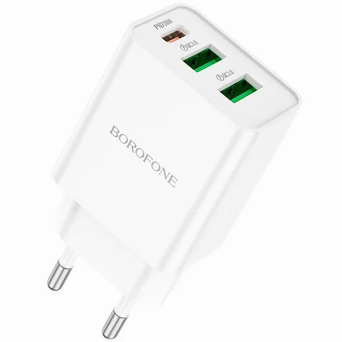 Мережевий зарядний пристрій Borofone BA70A Quick 2xUSB-A+USB-C PD20W, QC3.0 18W (BA70AW) White