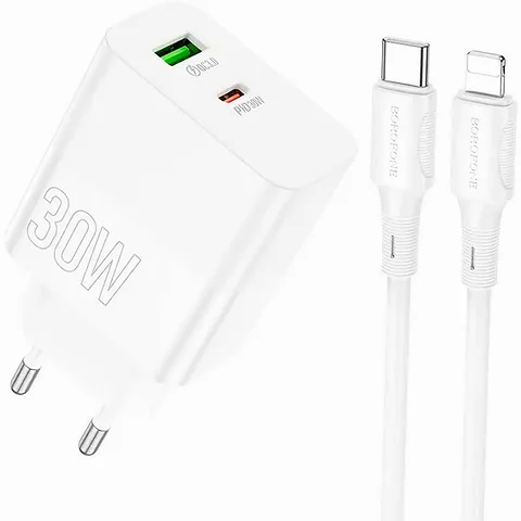 Мережевий зарядний пристрій Borofone BA75A Powerful USB-A+USB-C PD30W QC3.0 + кабель USB Type-C to Lightning 1m (BA75ACLW) White