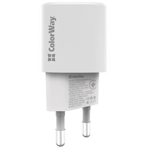 Сетевое зарядное устройство ColorWay GaN3 Power Delivery Port PPS USB Type-C PD + USB QC3.0 33W (CW-CHS043PD-WT) White