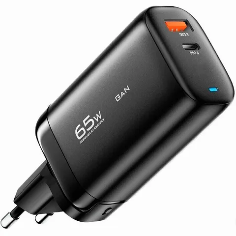 Мережевий зарядний пристрій ESSAGER Shining 65W USB-A+USB-C PD3.0 QC3.0 GaN Travelling Charger (ECTAC-MYB01-Z) Black