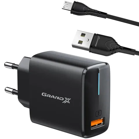 Мережевий зарядний пристрій Grand-X CH-550 1xUSB-A QC3.0 18W + кабель USB Type-A to MicroUSB 1m (CH-550BM) Black