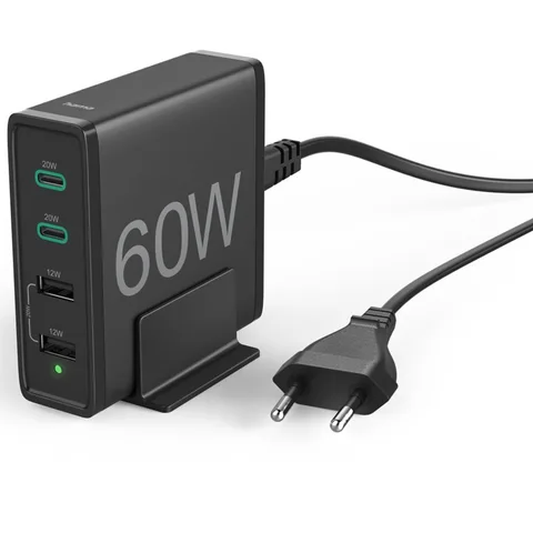 Мережевий зарядний пристрій HAMA Universal 4 Ports Quick Charger 2xUSB-A+2xUSB-C QC3.0 PD 60W (00201628) Black
