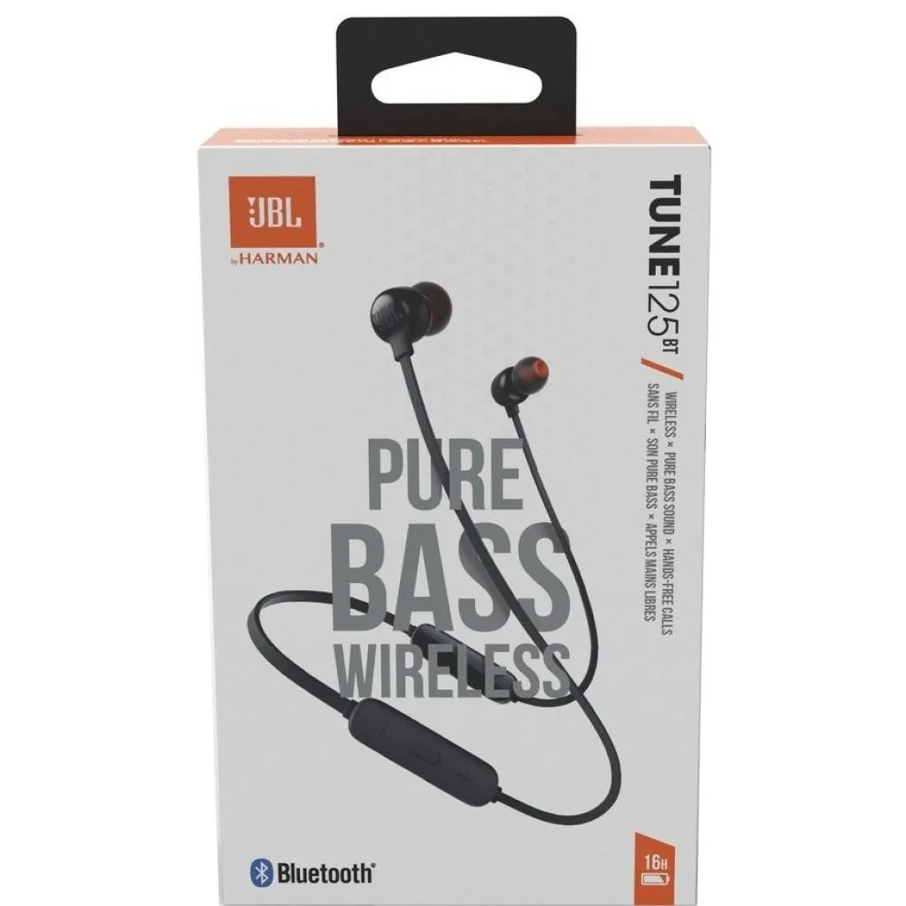 Наушники JBL Tune 125BT в упаковке с надписью Pure Bass Wireless, вид спереди