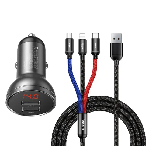 Автомобільний зарядний пристрій Baseus Digital Display Dual USB 4.8A 24W з кабелем 3-in-1 USB 1.2M (TZCCBX-0G) Grey