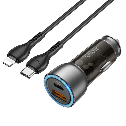 Автомобільний зарядний пристрій Hoco Sprinter 43W dual port PD25W+QC3.0 Car Charger Set (C to iP) (NZ8) Brown