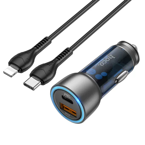 Автомобільний зарядний пристрій Hoco Sprinter 43W dual port PD25W+QC3.0 Car Charger Set (C to iP) (NZ8) Blue