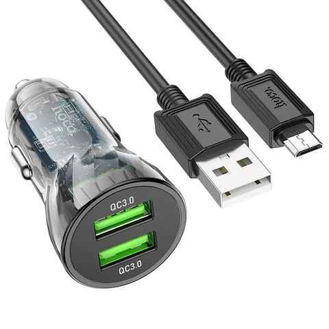 Автомобільний зарядний пристрій Hoco Transparent Discovery Edition Dual Port QC3.0 Car Charger Set (Micro) (Z47) Black