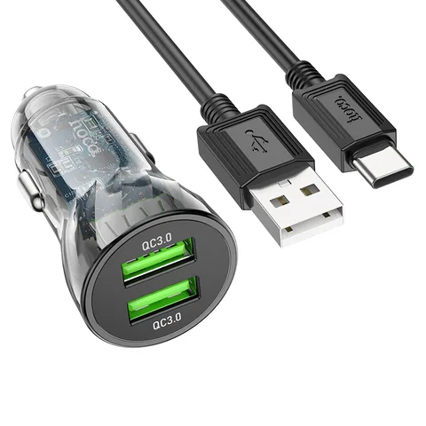 Автомобільний зарядний пристрій Hoco Transparent Discovery Edition Dual Port QC3.0 Car Charger Set (Type-C) (Z47) Black