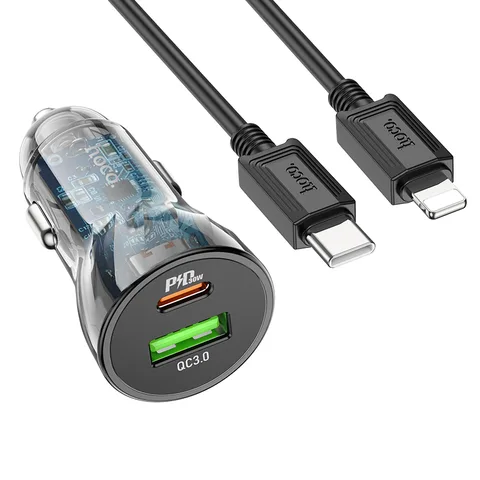 Автомобільний зарядний пристрій Hoco Transparent Discovery Edition Dual Port PD30W+QC3.0 Car Charger Set (C to iP) (Z47A) Black